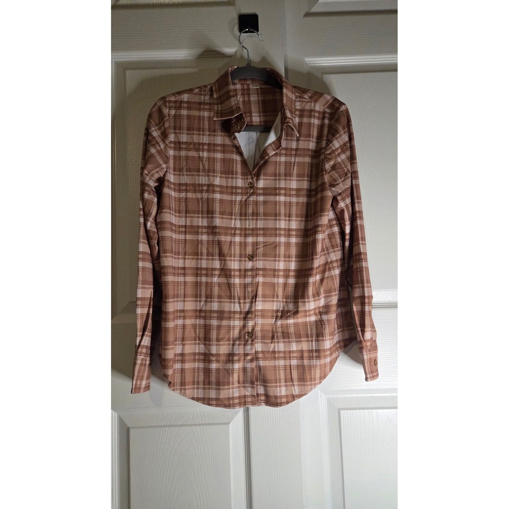 Womens Plaid Button‎ Down Shirt Long Sleeve Khaki Brown Size M X004J224JL
